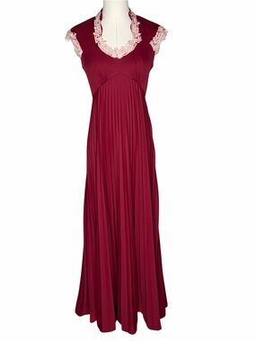 Vintage 70s Red Lace Trim Maxi Dress Cottage Prairie Boho Retro Cute Retro Cute